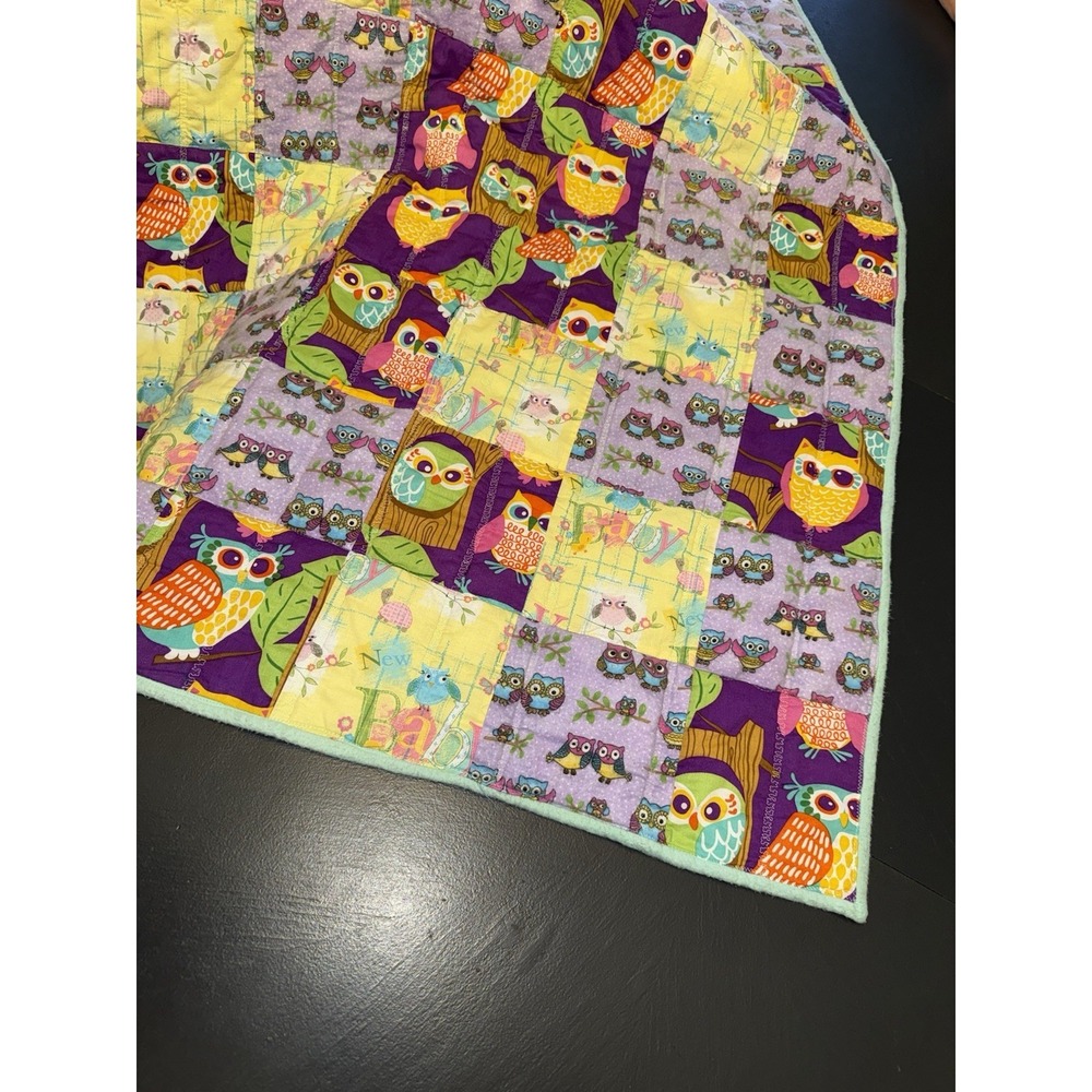 Owl Quilt 45x35" Baby Crib Child Unisex Colorful Bright Handmade‎ Blanket Soft